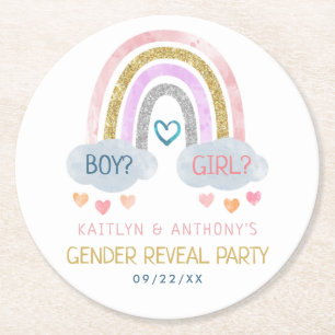 Cute Little Rainbow Gender Reveal Party Underlägg Papper Rund