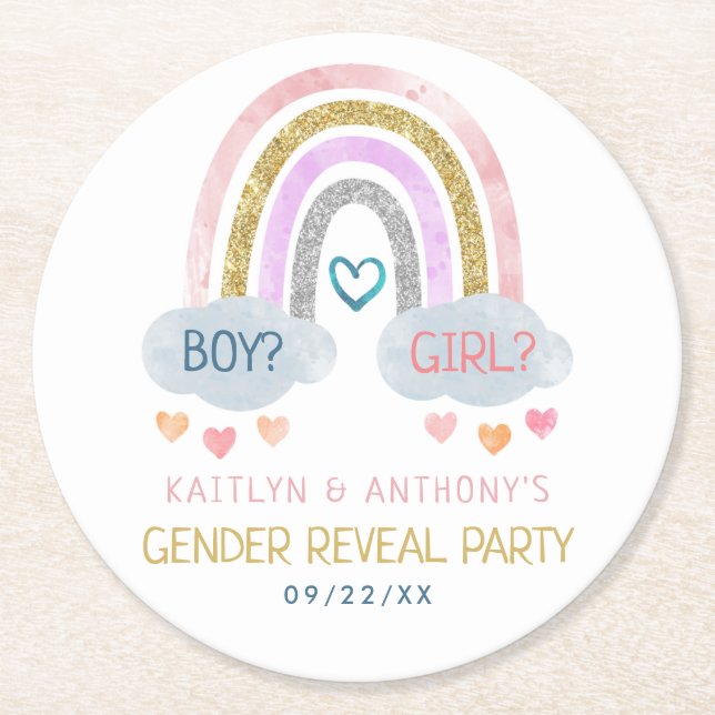 Cute Little Rainbow Gender Reveal Party Underlägg Papper Rund (Framsidan)