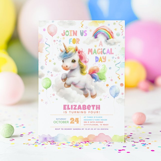 Cute Little Rainbow Unicorn Girl's Födelsedagsfest Inbjudningar (Colorful Unicorn Birthday Invitations)