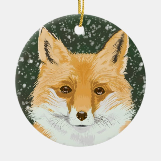 Cute Little Red Fox - i snö. Julgransprydnad Keramik (Framsidan)