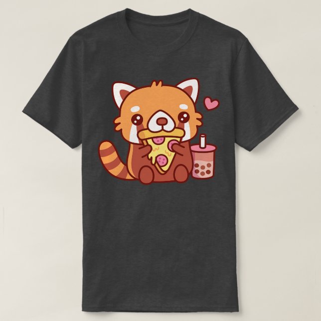 Cute Little Red Panda Kärlek Eating Pepperoni Pizz T Shirt (Design framsida)