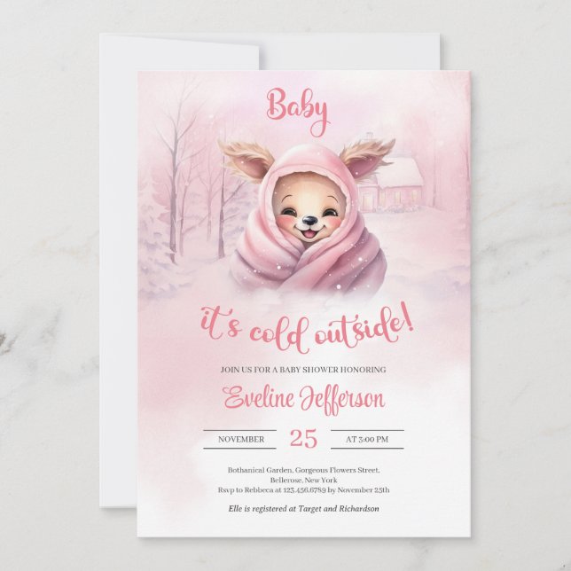 Cute Little rosa baby renar på rosa vinter Inbjudningar (Framsida)