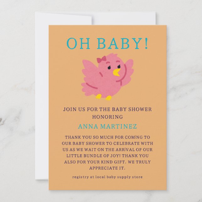 Cute Little Rosa Bird Theme Girl Baby Shower Inbjudningar (Framsida)