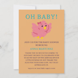 Cute Little Rosa Bird Theme Girl Baby Shower Inbjudningar