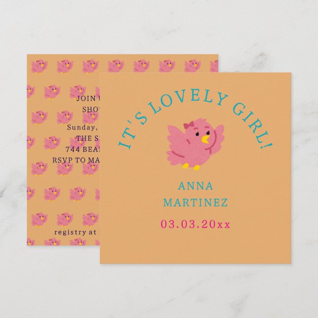 Cute Little Rosa Bird Theme Girl Baby Shower Inbjudningar (Fram/baksida)