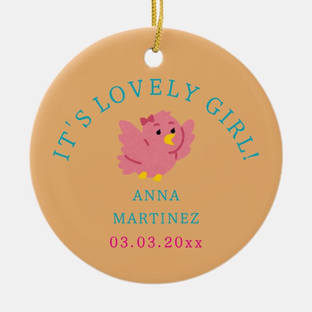 Cute Little Rosa Bird Theme Girl Baby Shower Julgransprydnad Keramik (Framsidan)