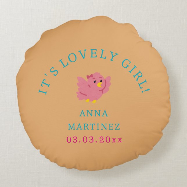 Cute Little Rosa Bird Theme Girl Baby Shower Rund Kudde (Baksidan)