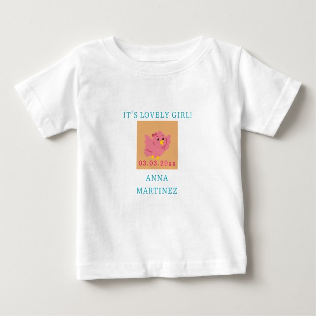 Cute Little Rosa Bird Theme Girl Baby Shower T Shirt (Framsida)