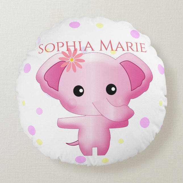 Cute Little Rosa Flicka Elephant Rund Kudde (Framsidan)