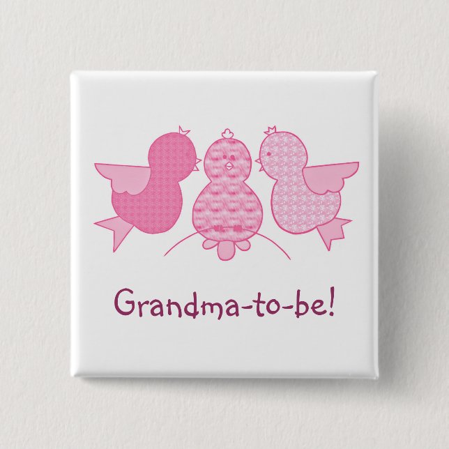 Cute Little Rosa Grandma to be, Birds Baby Shower Knapp (Framsida)