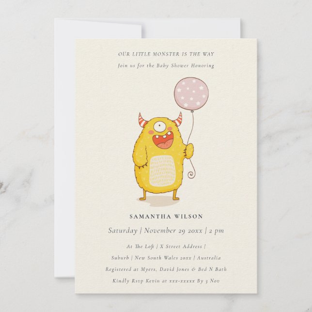 Cute Little Rosa Gult Monster Baby Shower Inbjudan (Framsida)