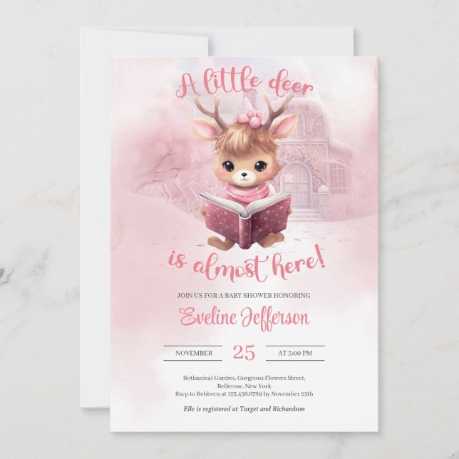 Cute Little rosa hjort som läser en vinterskog i b Inbjudningar (Framsida)