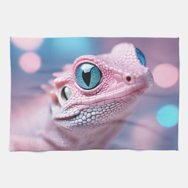 Cute Little Rosa Lizard med Big Blue Ögon Kökshandduk (Horisontell)