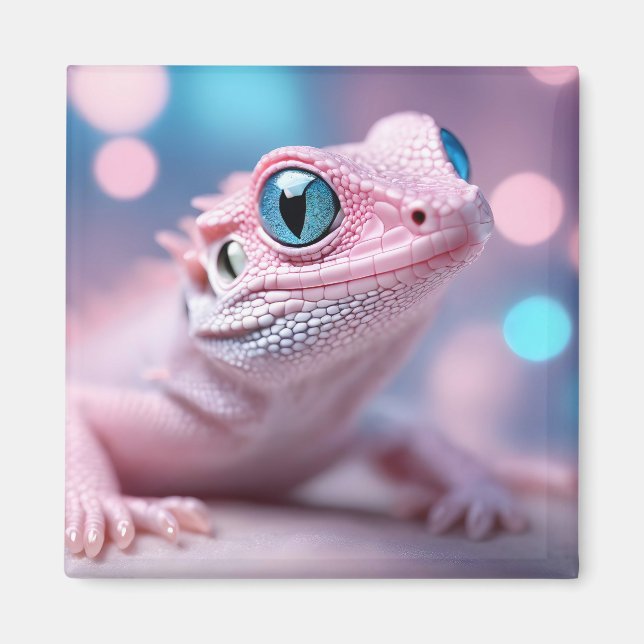 Cute Little Rosa Lizard med Big Blue Ögon Magnet (Framsidan)