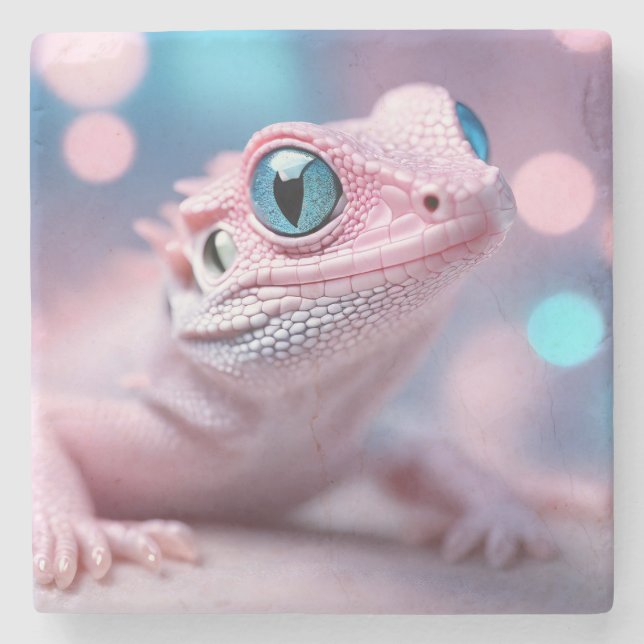 Cute Little Rosa Lizard med Big Blue Ögon Stenunderlägg (Framsidan)