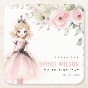 Cute Little Rosa Princess Ro Blommigt Birthday Underlägg Papper Kvadrat