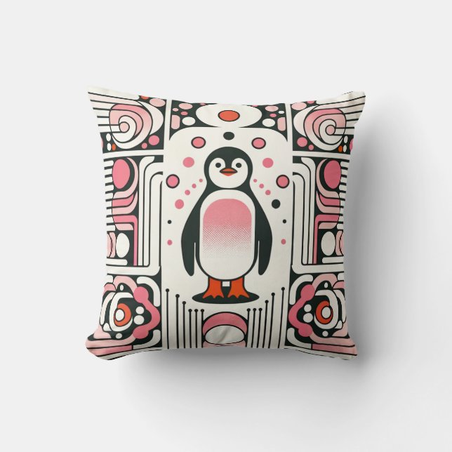 Cute Little Rosa Salmon Penguin i Retro 60-talet Kudde (Framsida)