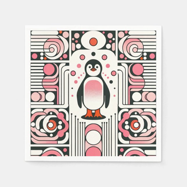 Cute Little Rosa Salmon Penguin i Retro 60-talet Pappersservett (Framsidan)