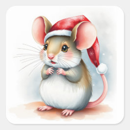 Cute Little Santa Mouse Whimsical jul Fyrkantigt Klistermärke