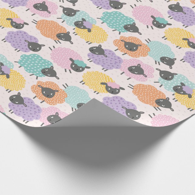 Cute Little Sheep rosa lilac mint orange på grädde Presentpapper (Hörn)