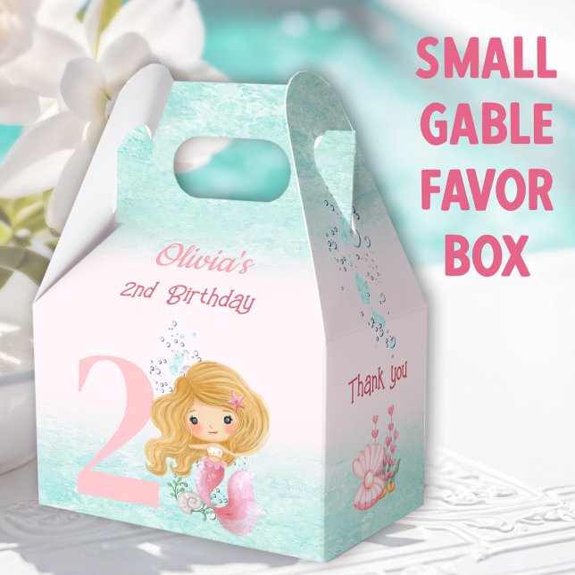 Cute Little Sjöjungfru Blond Hair Birthday Rosa Presentaskar (Blonde Mermaid Small Gable Favor Boxes  -  You can choose from 3 sizes of these gable favor boxes)