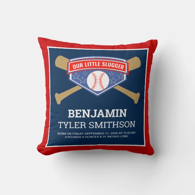 Cute Little Slugger Baseball Baby Birgand Stats Kudde (Framsida)