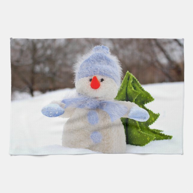 Cute Little Snögubbe i Blue Hat Kökshandduk (Horisontell)