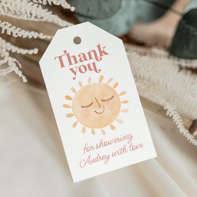 Cute Little Sol Boho Baby Shower Tack Presentetikett (Cute Little Sun Boho Baby Shower Thank You Gift Tags)