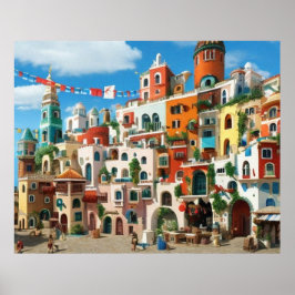 Cute Little Tourist town Modern bergsfantasi Poster