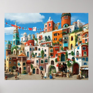 Cute Little Tourist town Modern bergsfantasi Poster
