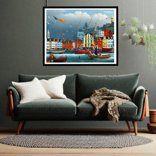 Cute Little Tourist town Modern harbor fantasi Poster