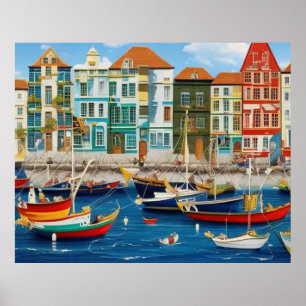 Cute Little Tourist town Modern harbor fantasi Poster