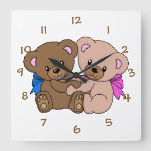 Cute Little Twin Baby Bears Nursery Child's Room Fyrkantig Klocka