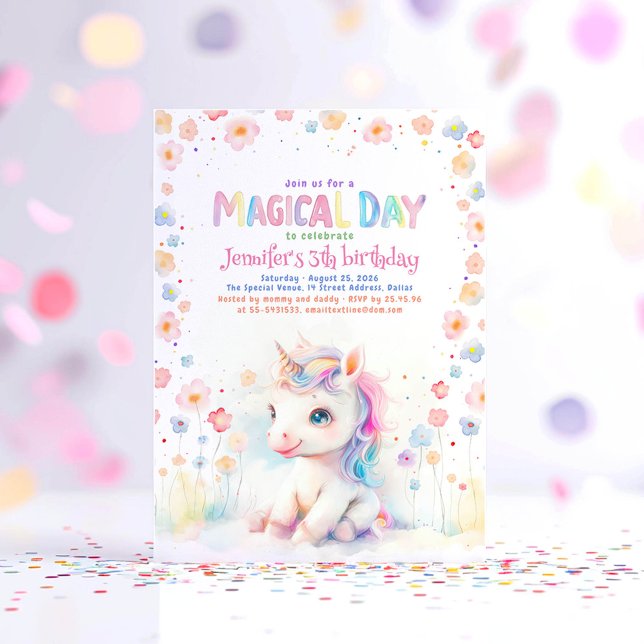 Cute Little Unicorn Blommigt Roligt Födelsedagsfes Inbjudningar (Little Unicorn Birthday Invitation)