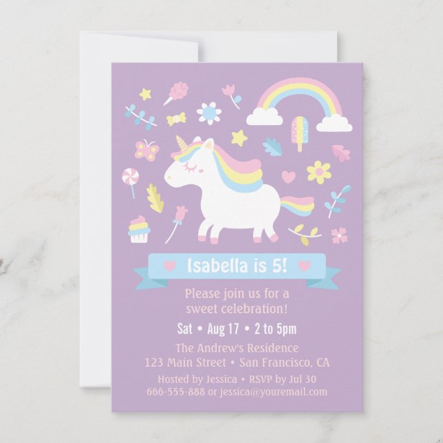 Cute Little Unicorn Rainbow Flick kalas Inbjudningar (Framsida)