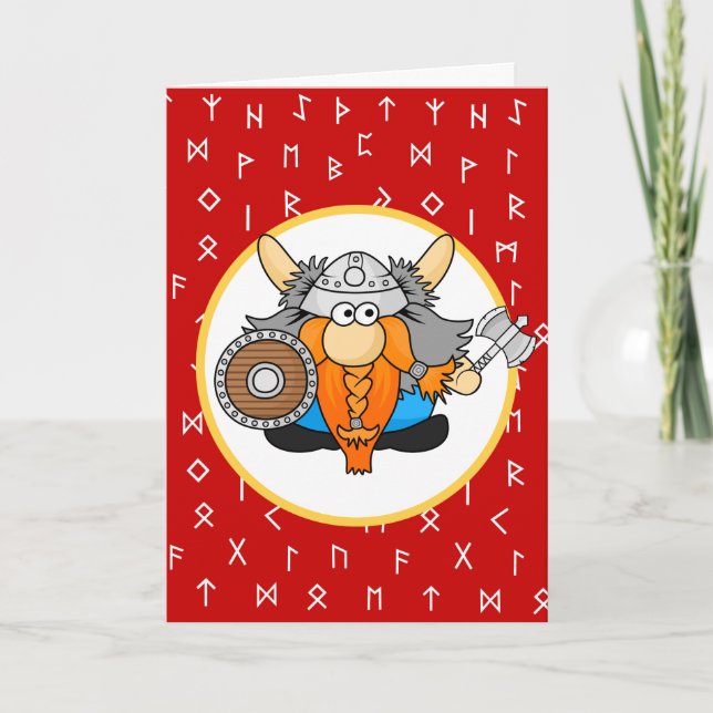 Cute Little Viking på Viking kör Red Background Helgkort (Framsida)