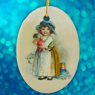 Cute Little vintage Girl Holding Doll Light Tan Julgransprydnad Keramik