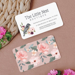 Cute Little Watercolor Baby Bird & Blommigt Gren Visitkort