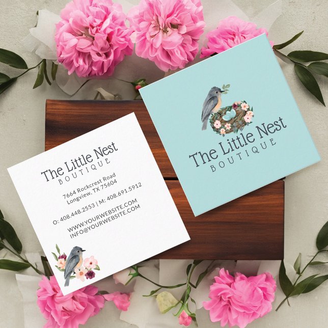 Cute Little Watercolor Baby Bird & Nest Fyrkantigt Visitkort (Cute Little Watercolor Baby Bird & Nest Square Business Card)