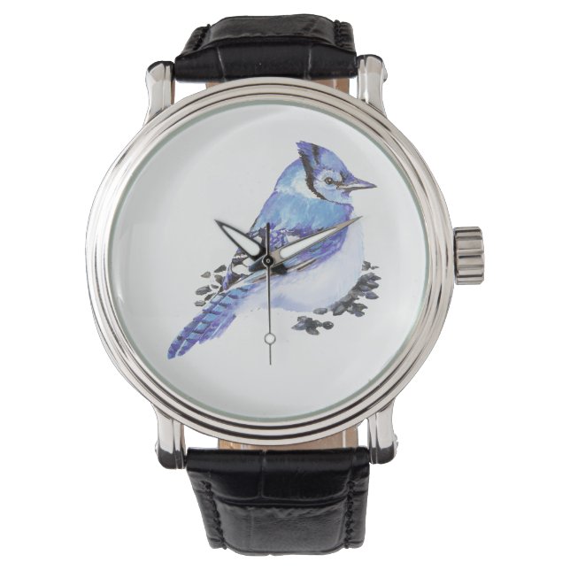 Cute Little Watercolor Blue Jay Bird Nature Art Armbandsur (Framsida)