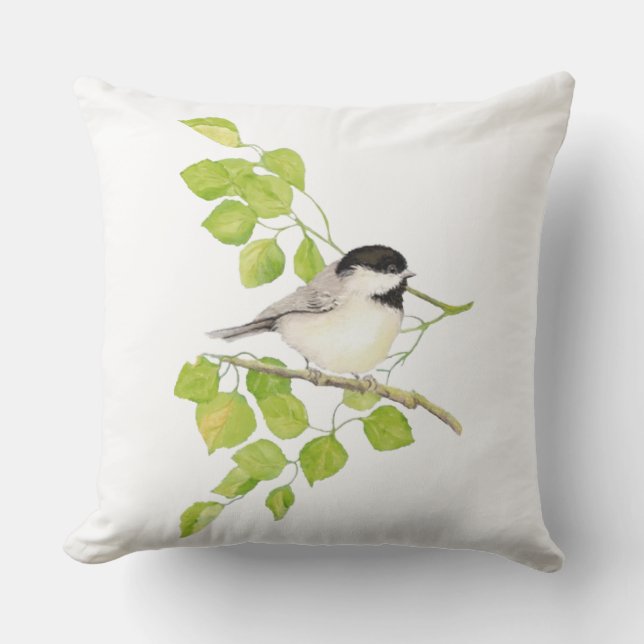 Cute Little Watercolor Chickadee Bird Poplar Träd Utomhuskudde (Framsida)