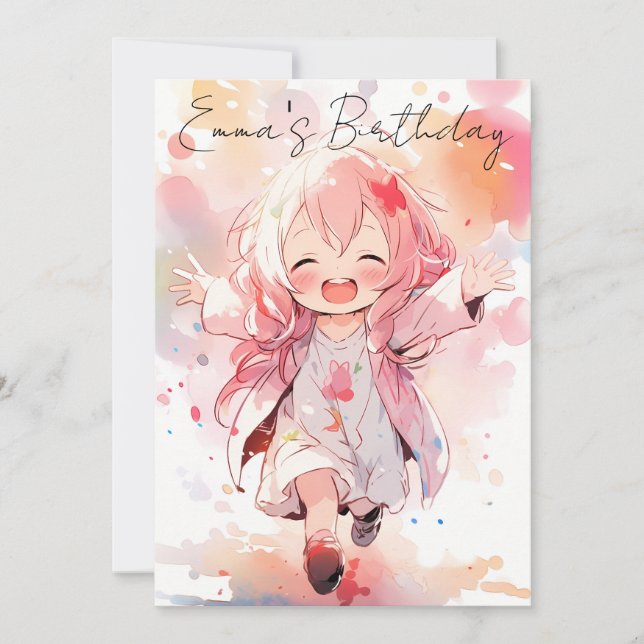 Cute little watercolor girl birthday inbjudningar (Framsida)