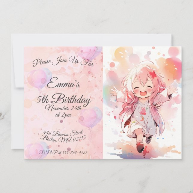 Cute little watercolor girl horizontal birthday inbjudningar (Framsida)