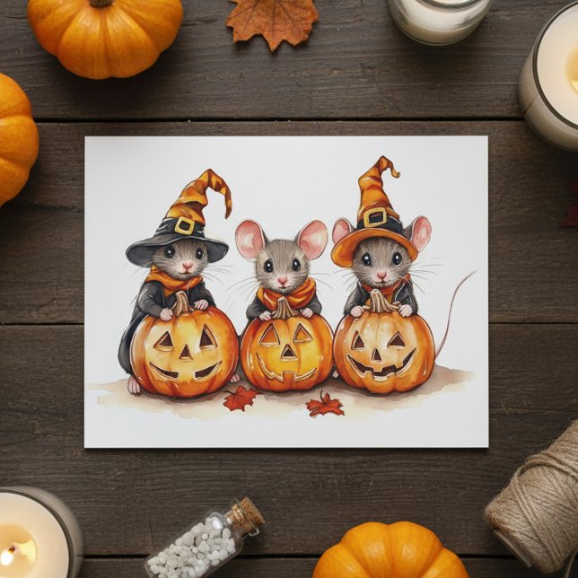 Cute Little Watercolor Mice Halloween Pumpkins Julkort (Skapare uppladdad)