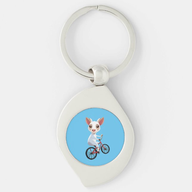Cute Little white-get på en cykel Swirl Silverfärgad Nyckelring (Framsidan)