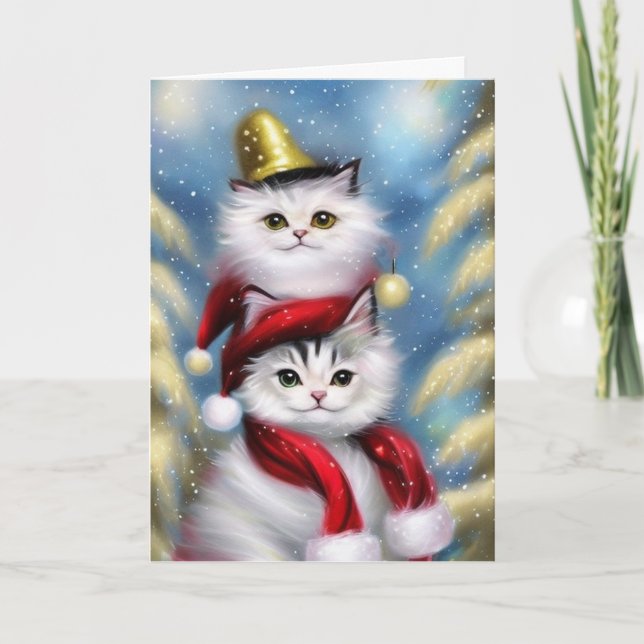 Cute Little White jul Cats med Guld Hat Kort (Framsida)