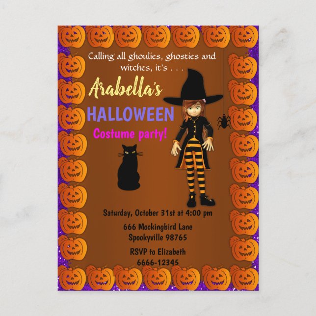 Cute Little Witch Children's Halloween-inbjudan Vykort (Framsida)