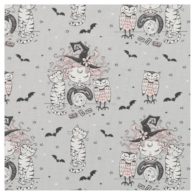 Cute Little Witch Gires med Fladdermöss Cat och Ug Tyg (Närbild)