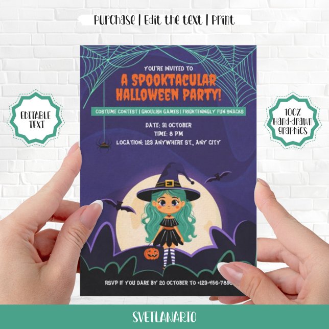 Cute Little Witch Halloween fest-inbjudan Inbjudningar (Cute Little Witch Halloween Party Invitation)