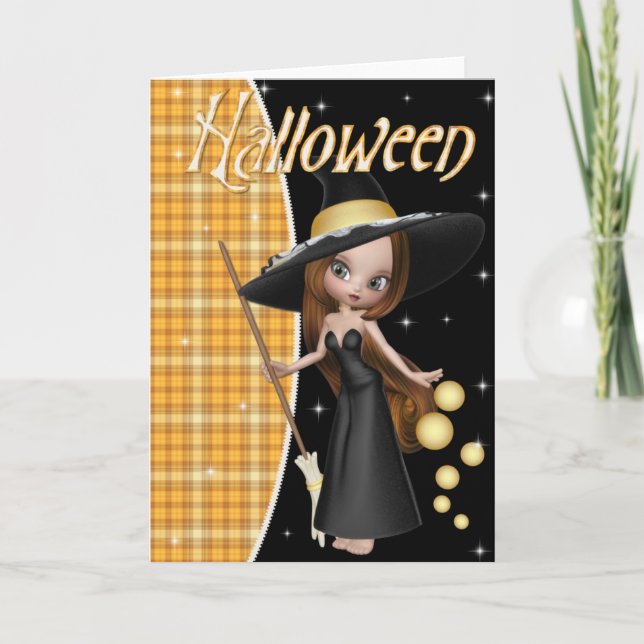 Cute Little Witch Halloween Greeting Card Kort (Framsida)